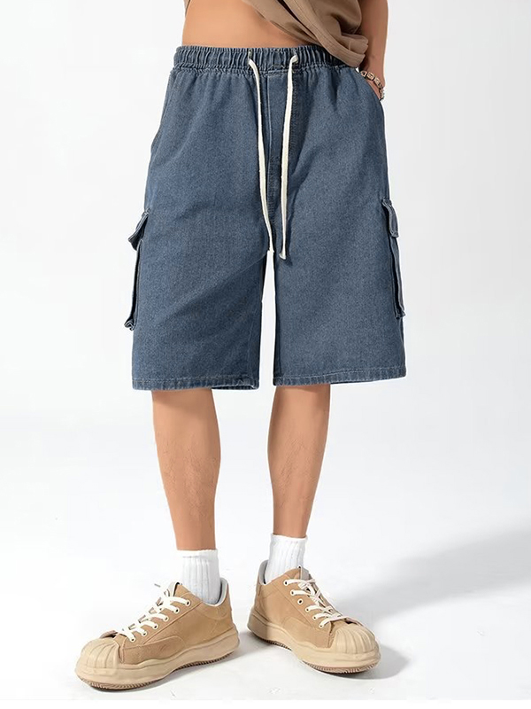 Men's Denim Cargo Pocket Drawstring Shorts-2