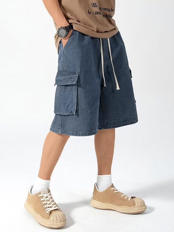 Men's Denim Cargo Pocket Drawstring Shorts-3