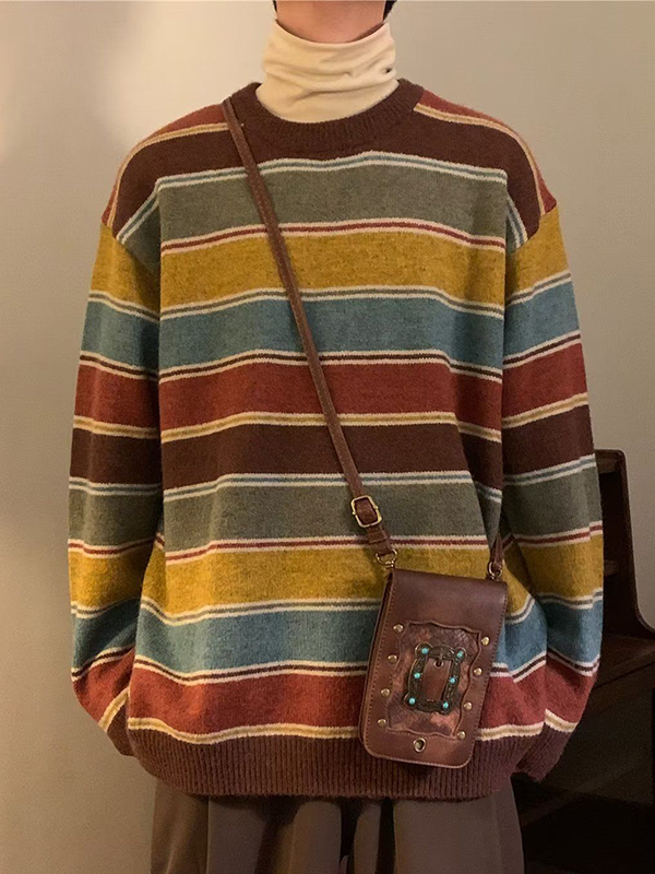 Men's Vintage Rainbow Striped Crew Neck Sweater-1