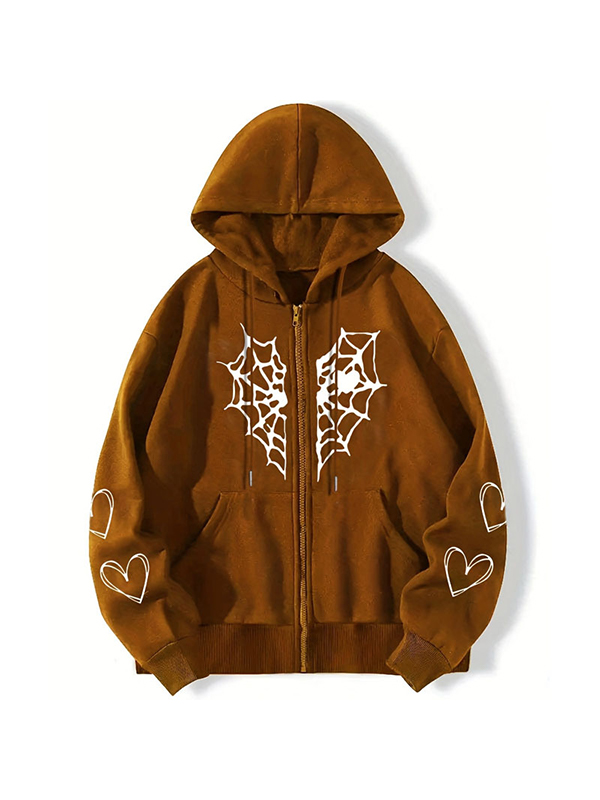 Men's Heart Spider Web Print Zip Up Oversized Hoodie-1