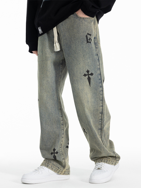 Men's Distressed Cross Print Drawstring Straight Leg Pants-2