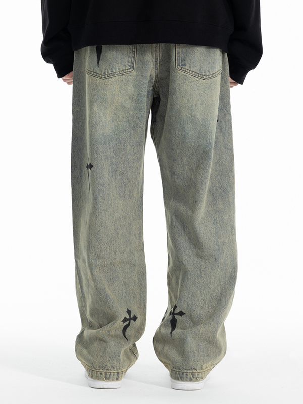 Men's Distressed Cross Print Drawstring Straight Leg Pants-3