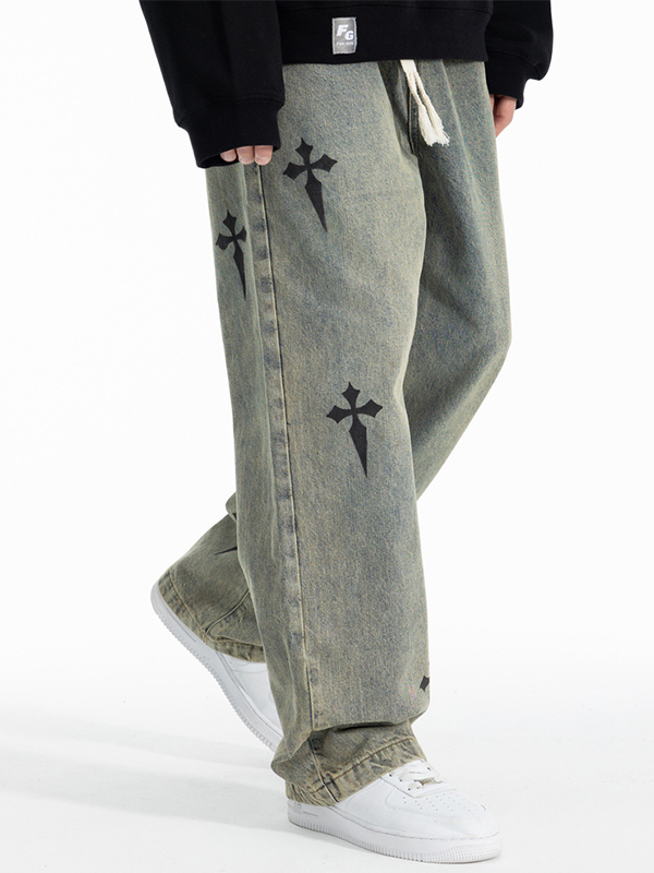 Men's Distressed Cross Print Drawstring Straight Leg Pants-1