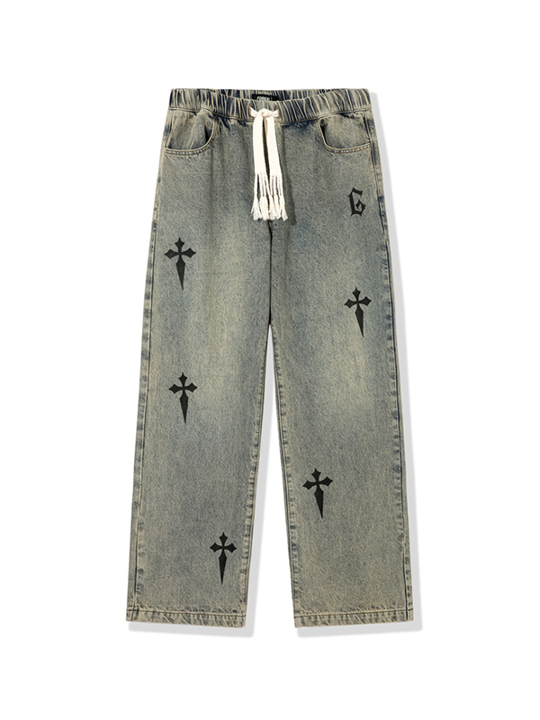 Men's Distressed Cross Print Drawstring Straight Leg Pants-4