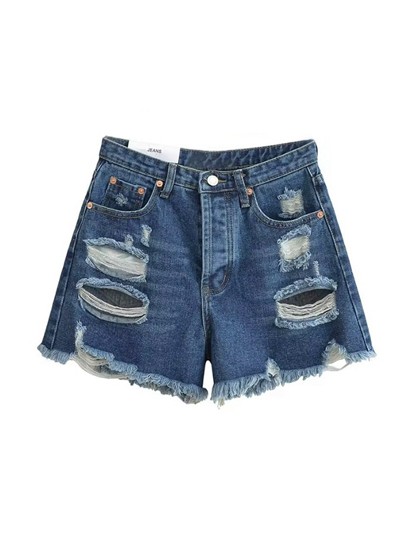High Waist Ripped Burr Denim Shorts-3