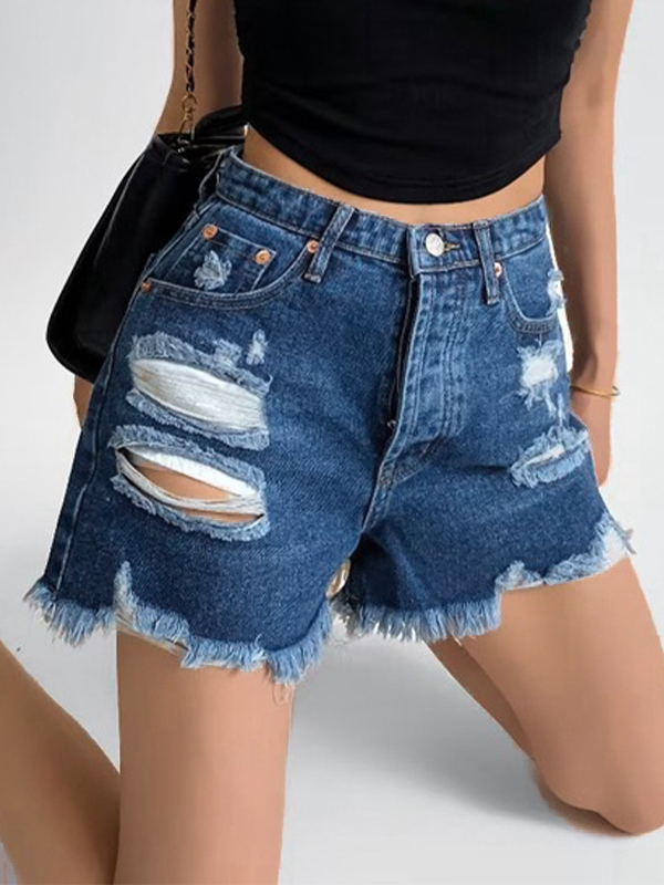 High Waist Ripped Burr Denim Shorts-1