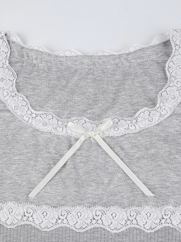 Lace Splice Bow Decor Square Neck Mini Dress-4