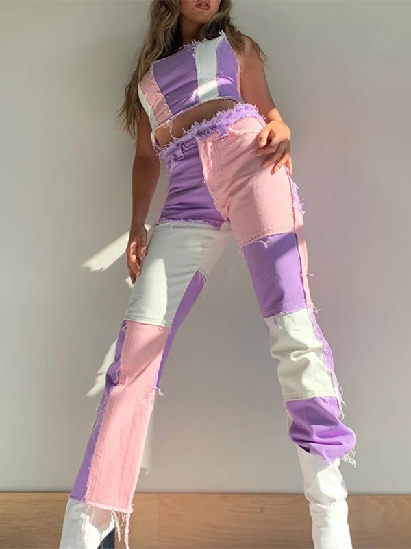 Pastel Patchwork Denim Boyfriend Jeans-2