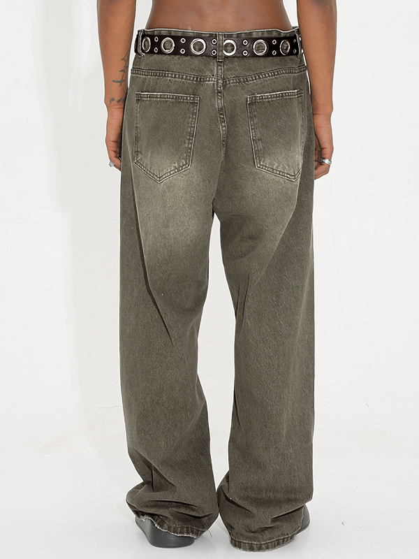 Personality Washed Waist Retro Loose Jeans-2