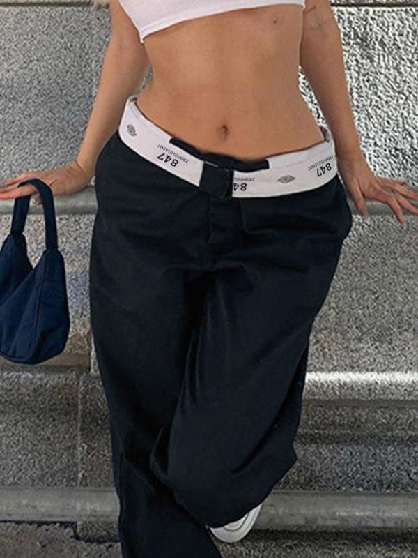 Patchwork Waist Straight Leg Pants-5