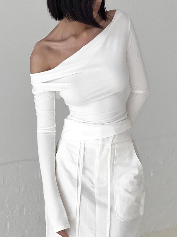 Solid Color Stacked Neck Backless Lacing Long Sleeve Tee-1