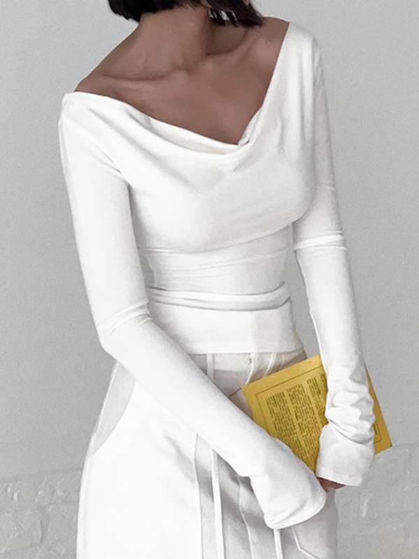 Solid Color Stacked Neck Backless Lacing Long Sleeve Tee-4