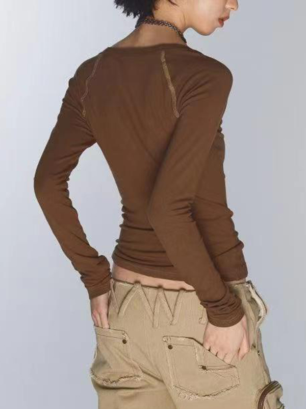 Vintage Print V Neck Breasted Long Sleeve Tee-2