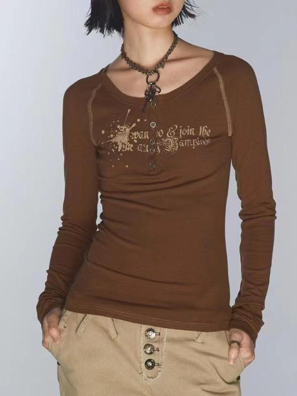 Vintage Print V Neck Breasted Long Sleeve Tee-1