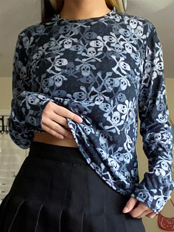 All Over Skull Print Long Sleeve Tee-1