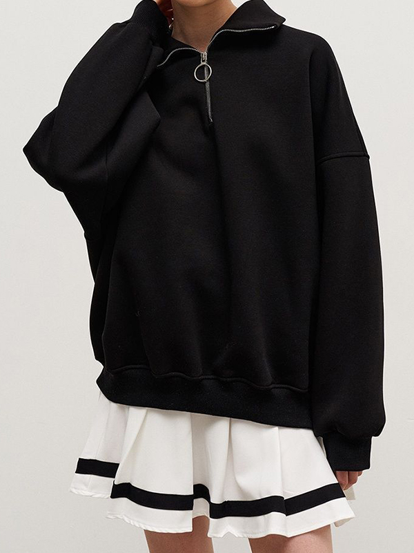 Solid Lapel Neck Half Zip Sweatshirt-1