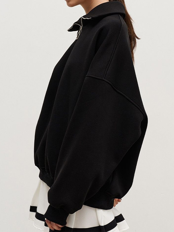 Solid Lapel Neck Half Zip Sweatshirt-2