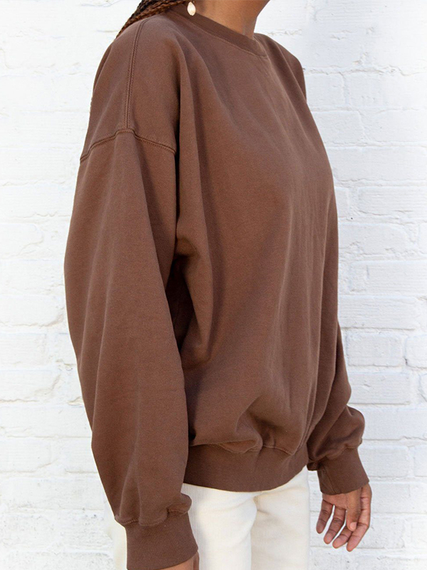 Solid Crew Neck Pullover Sweatshirt-2