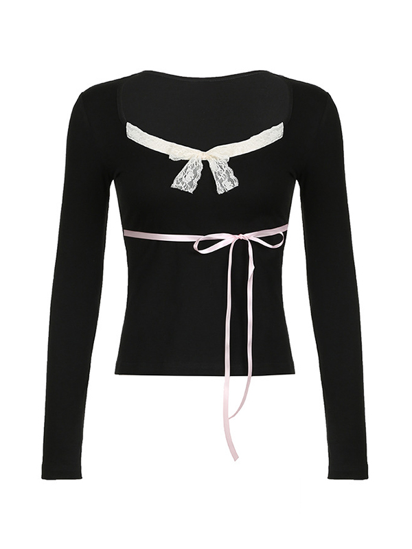 Lace Trim Bow Splice V Neck Long Sleeve Tee-2