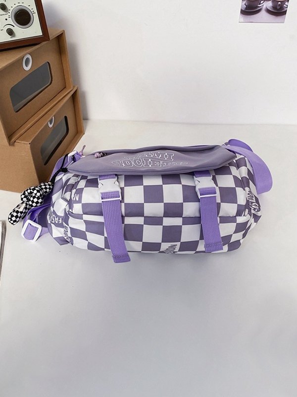 Buckle Strap Checkered Nylon Crossbody Bag-2