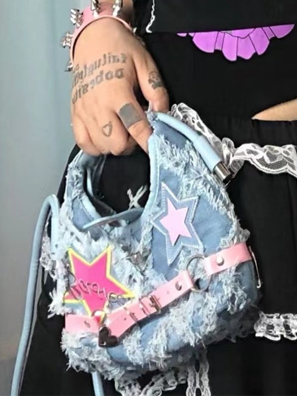 Denim Raw Edge Star Buckled Crossbody Bag-2