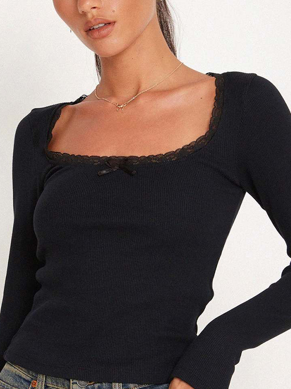 Solid Color U Neck Lace Trim Long Sleeve Knit-1