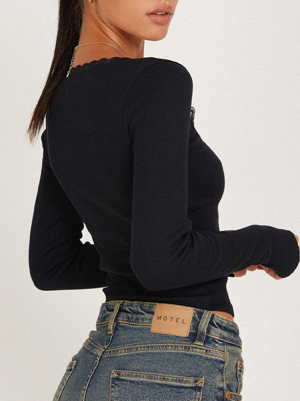 Solid Color U Neck Lace Trim Long Sleeve Knit-2