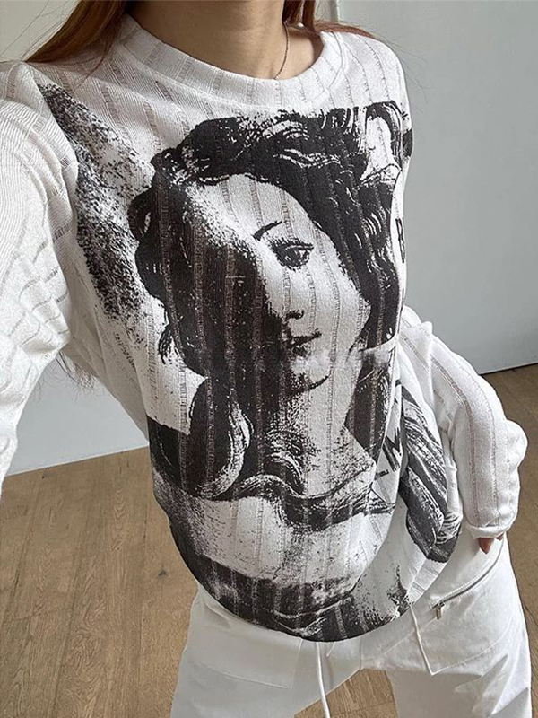 Cutout Portrait Graffiti Print Long Sleeve Knit-3