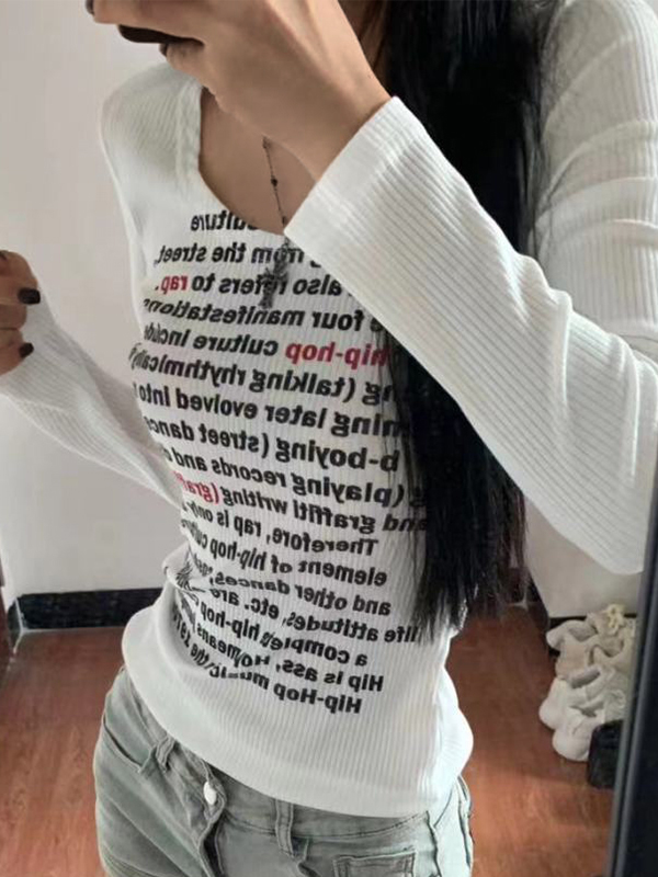 Letter Print U Neck Long Sleeve Knit-2