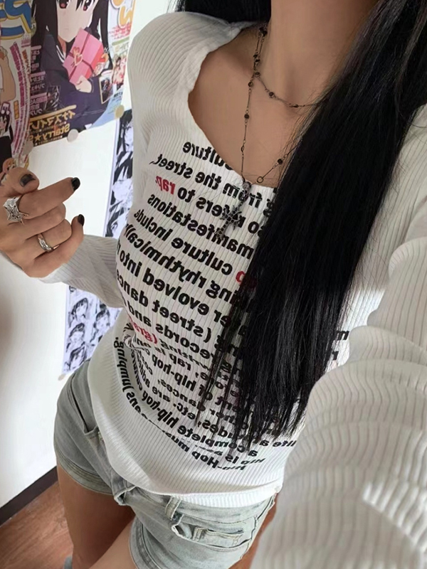 Letter Print U Neck Long Sleeve Knit-3