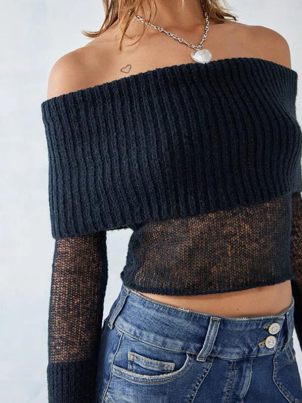 Off Shoulder Splice Thin Long Sleeve Knit-1