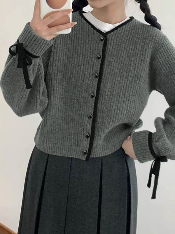 Contrast Trim Bow Decor Knit Cardigan-1